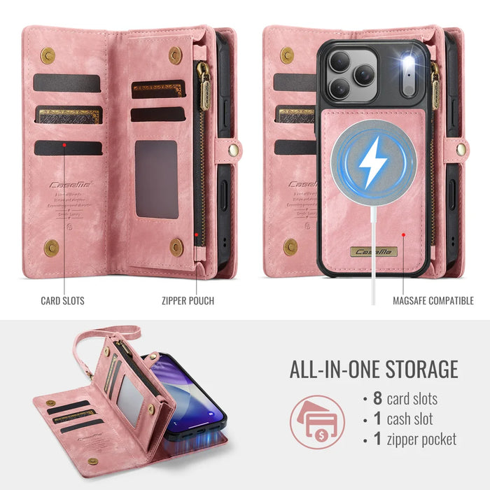 CASEME For iPhone 17 Pro Phone Cases  008 Leather Cover with Detachable Wallet and Strap - Pink - 3
