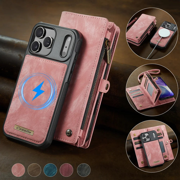 CASEME For iPhone 17 Pro Phone Cases  008 Leather Cover with Detachable Wallet and Strap - Pink - 4