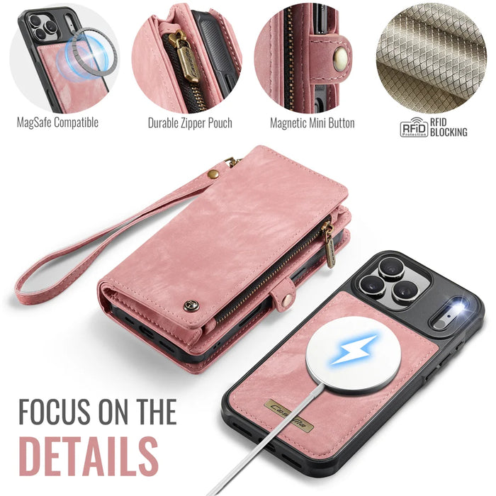 CASEME For iPhone 17 Pro Phone Cases  008 Leather Cover with Detachable Wallet and Strap - Pink - 5
