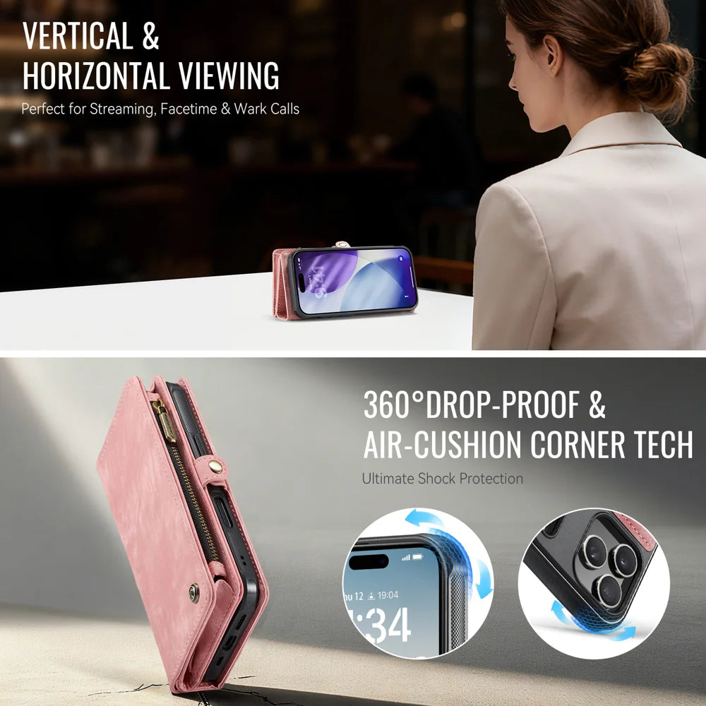 CASEME For iPhone 17 Pro Phone Cases  008 Leather Cover with Detachable Wallet and Strap - Pink - 6