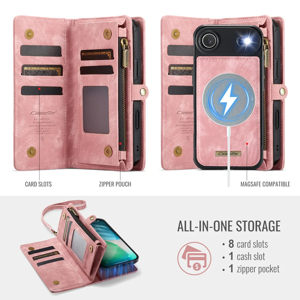 CASEME For iPhone Air Phone Cases  008 Leather Cover with Detachable Wallet and Strap - Pink - 3