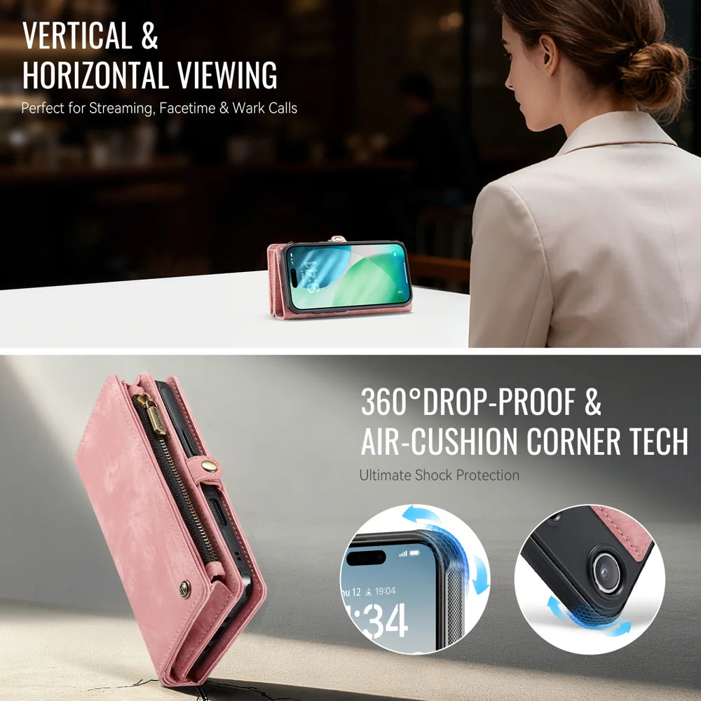 CASEME For iPhone Air Phone Cases  008 Leather Cover with Detachable Wallet and Strap - Pink - 6