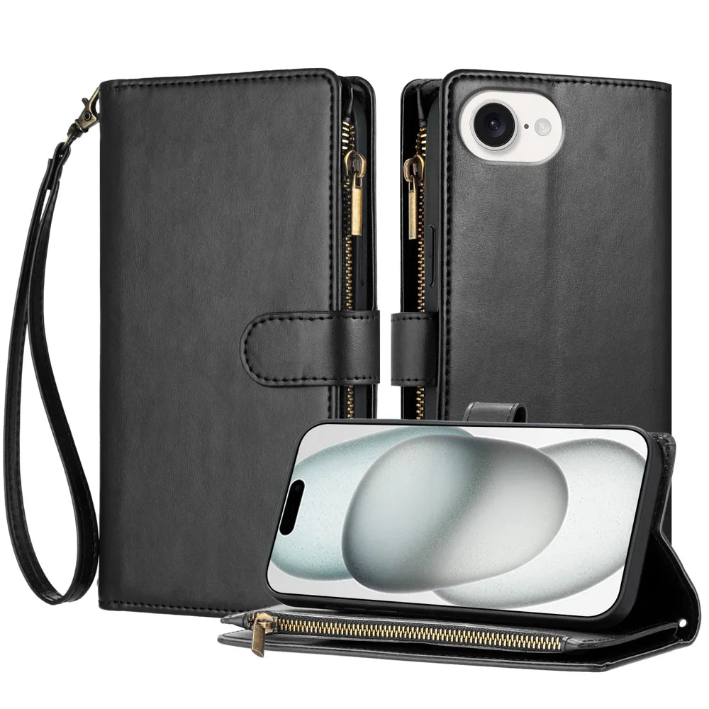For iPhone 17e / 16e Leather Case Zipper Wallet Stand Shockproof Phone Cover with Wrist Strap - Black - 1