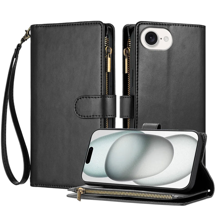 For iPhone 17e / 16e Leather Case Zipper Wallet Stand Shockproof Phone Cover with Wrist Strap - Black - 1