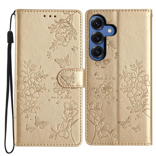 For Samsung Galaxy S26 Wallet Phone Case Butterfly Floral Imprint Leather Flip Cover with Strap - Gold - 1