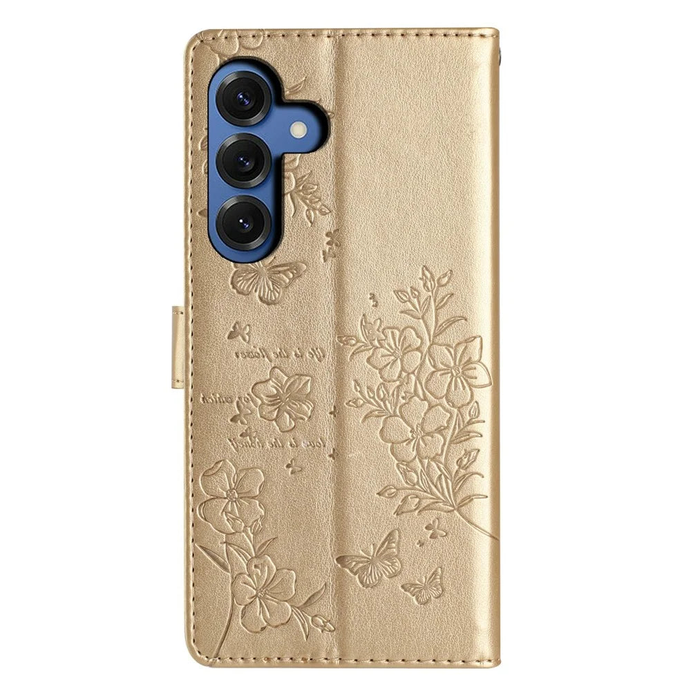 For Samsung Galaxy S26 Wallet Phone Case Butterfly Floral Imprint Leather Flip Cover with Strap - Gold - 7