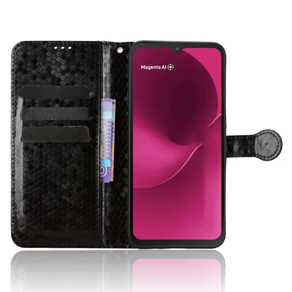 For T-Mobile REVVL 8  /  T Phone 3 Wallet Case Dot Pattern Imprint PU Leather Phone Cover with Wrist Strap - Black - 3