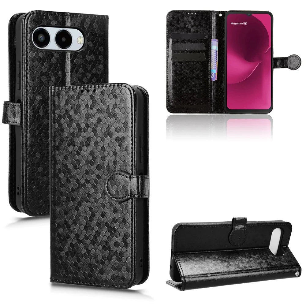 For T-Mobile REVVL 8  /  T Phone 3 Wallet Case Dot Pattern Imprint PU Leather Phone Cover with Wrist Strap - Black - 7