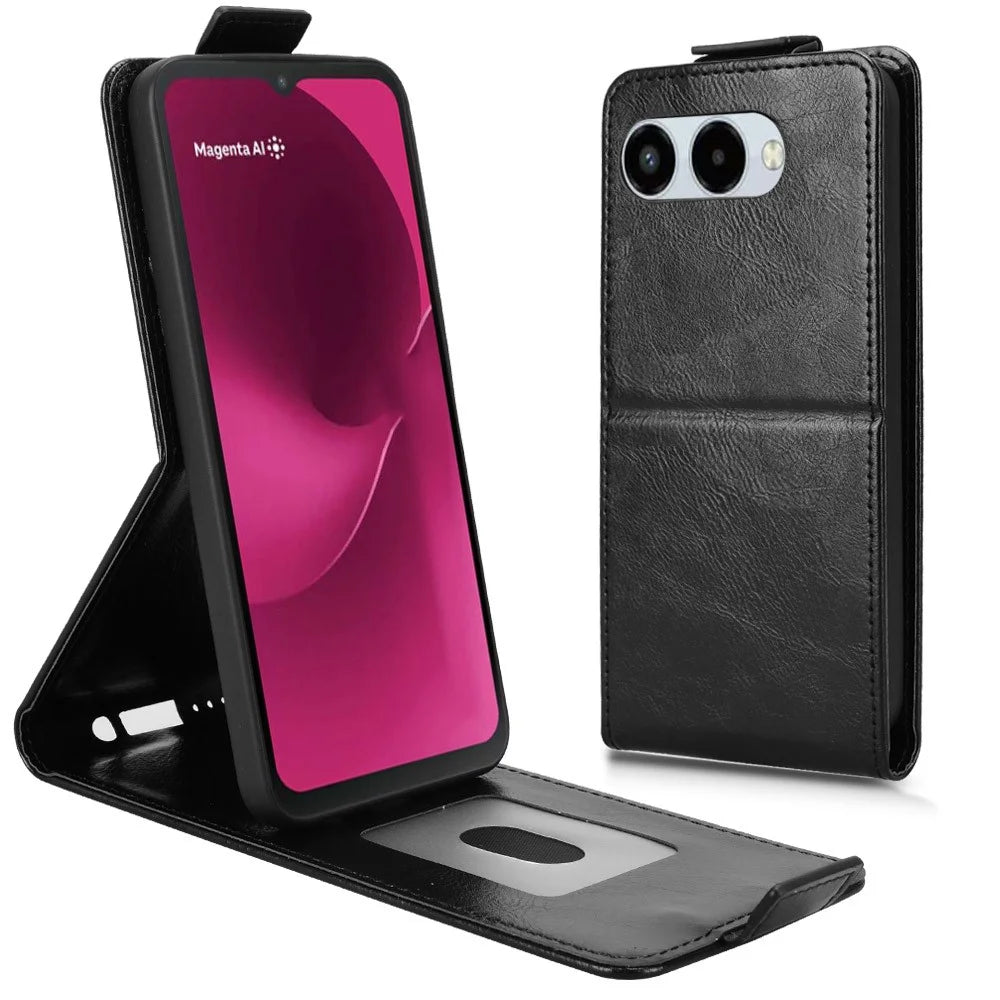 For T-Mobile REVVL 8  /  T Phone 3 Stand Case Magnetic Clasp Vertical Flip Leather Phone Cover with Card Holder - Black - 1