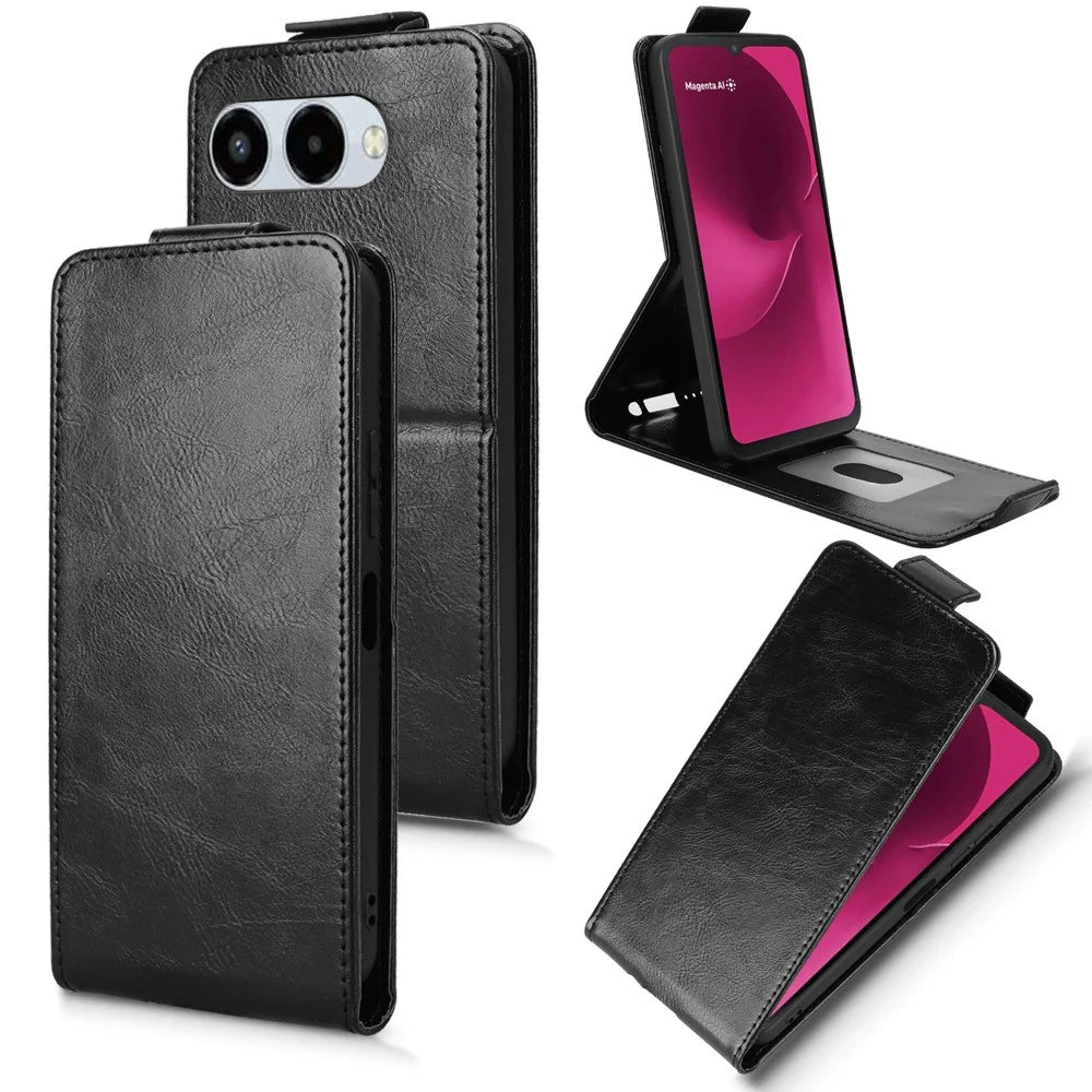 For T-Mobile REVVL 8  /  T Phone 3 Stand Case Magnetic Clasp Vertical Flip Leather Phone Cover with Card Holder - Black - 5