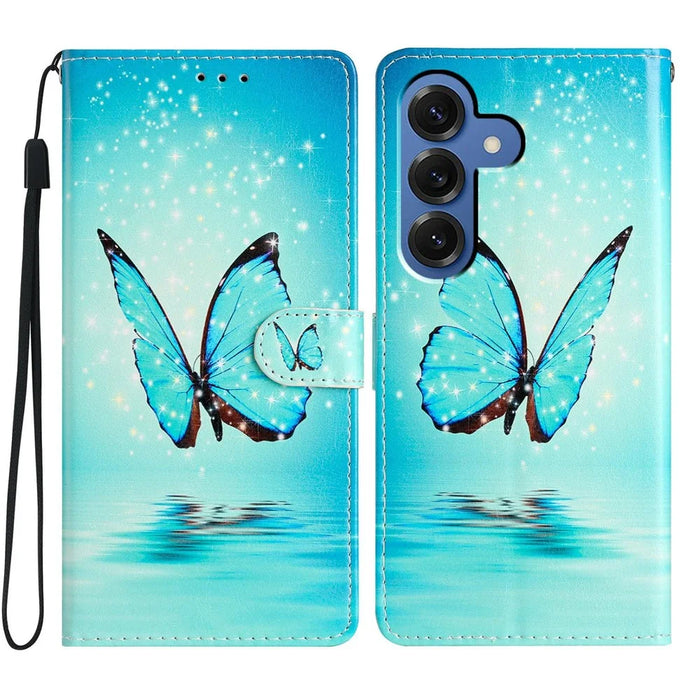 For Samsung Galaxy S26 Wallet Case PU Leather Pattern Printing Stand Phone Cover with Strap - Blue Butterfly - 1