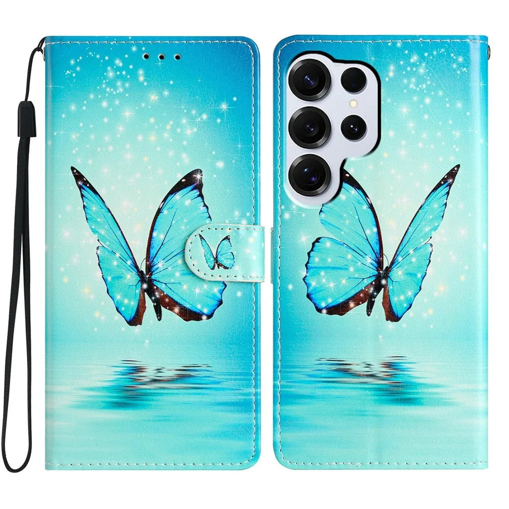 For Samsung Galaxy S26 Ultra Wallet Case PU Leather Pattern Printing Stand Phone Cover with Strap - Blue Butterfly - 1