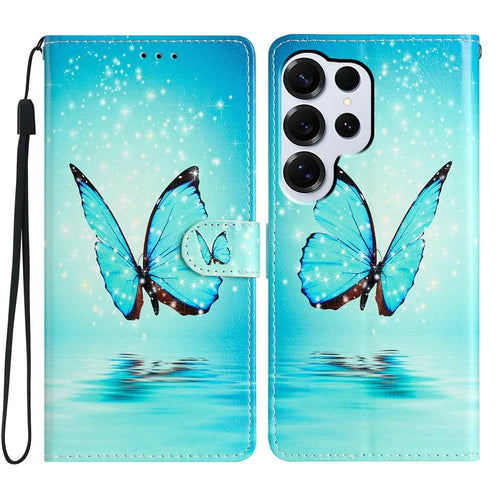 For Samsung Galaxy S26 Ultra Wallet Case PU Leather Pattern Printing Stand Phone Cover with Strap - Blue Butterfly - 1