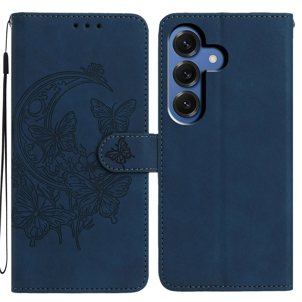 For Samsung Galaxy S26 Case Butterfly Flower Imprinted PU Leather Wallet Stand Phone Cover - Blue - 1