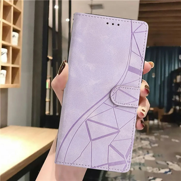 For Samsung Galaxy S26 Case Wallet Stand Imprinted Triangle Pattern Leather Phone Flip Cover - Purple - 5