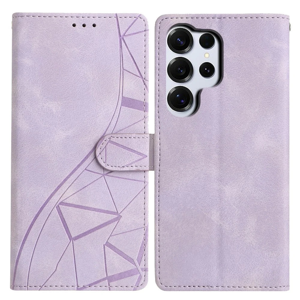 For Samsung Galaxy S26 Ultra Case Wallet Stand Imprinted Triangle Pattern Leather Phone Flip Cover - Purple - 1
