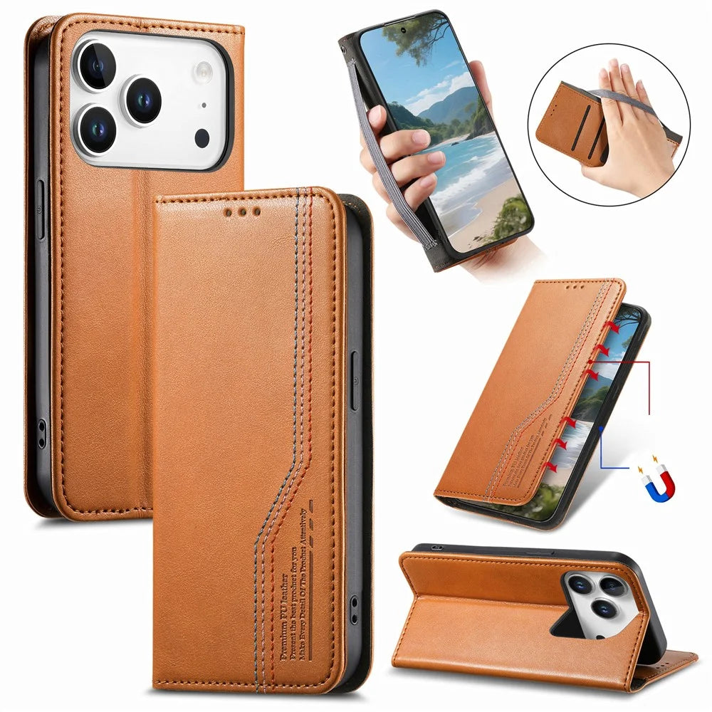 For iPhone 18 Pro / 17 Pro Case Wallet Tri-Color Stitching Leather Phone Cover with Elastic Wristband - Brown - 1