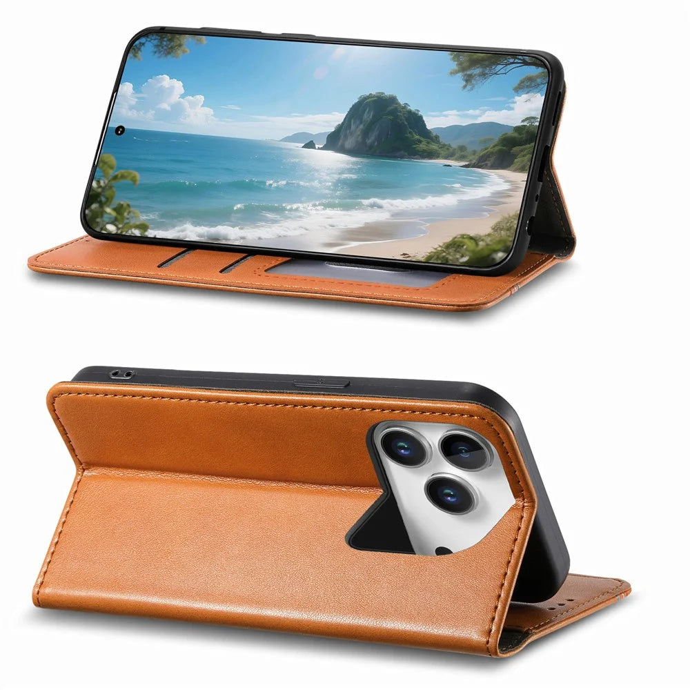For iPhone 18 Pro / 17 Pro Case Wallet Tri-Color Stitching Leather Phone Cover with Elastic Wristband - Brown - 3