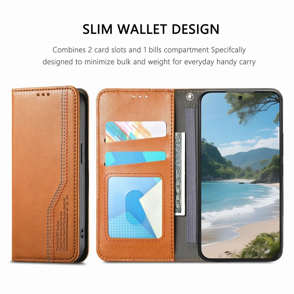 For iPhone 18 Pro / 17 Pro Case Wallet Tri-Color Stitching Leather Phone Cover with Elastic Wristband - Brown - 7