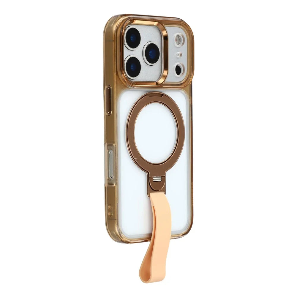 JAUCASE For iPhone 17 Pro Case Rotating Kickstand Wristband Shockproof TPU + PC Phone Back Cover - Transparent Gold - 3