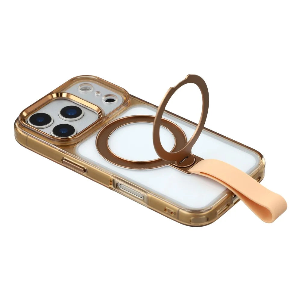 JAUCASE For iPhone 17 Pro Case Rotating Kickstand Wristband Shockproof TPU + PC Phone Back Cover - Transparent Gold - 6