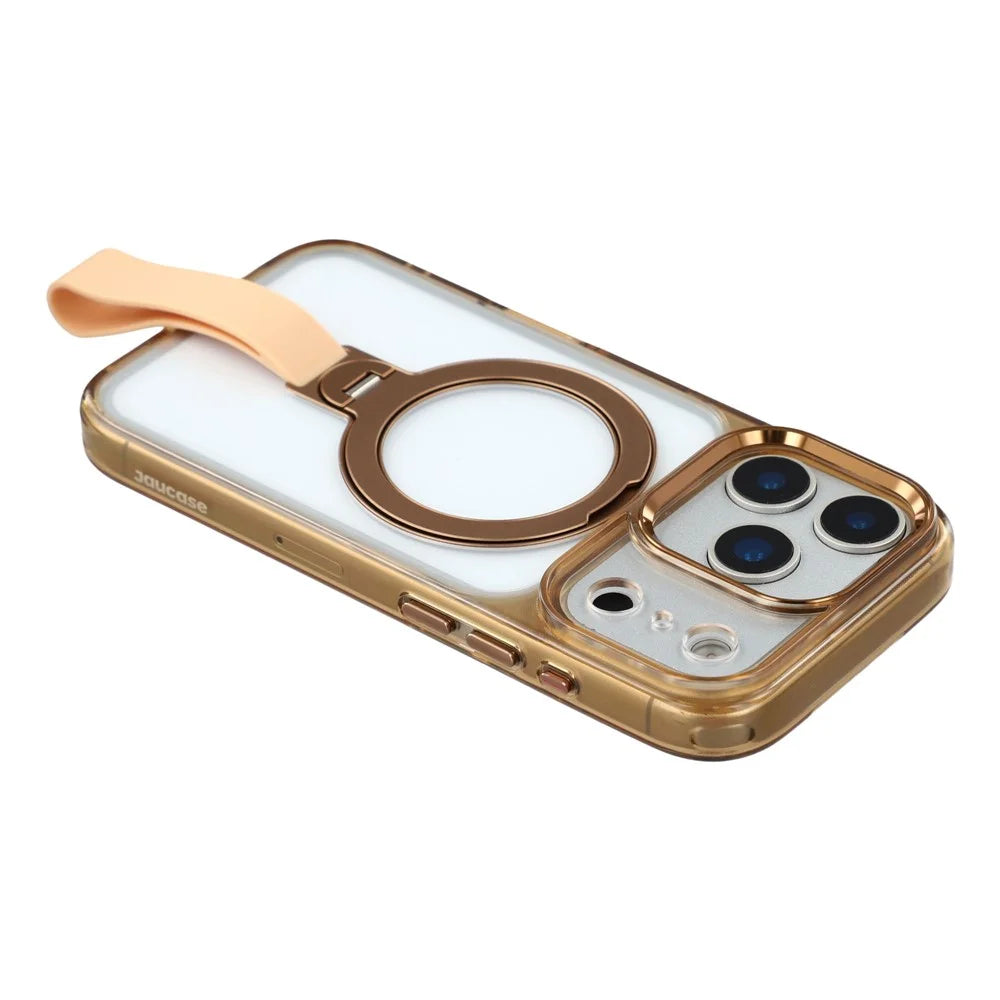 JAUCASE For iPhone 17 Pro Case Rotating Kickstand Wristband Shockproof TPU + PC Phone Back Cover - Transparent Gold - 7