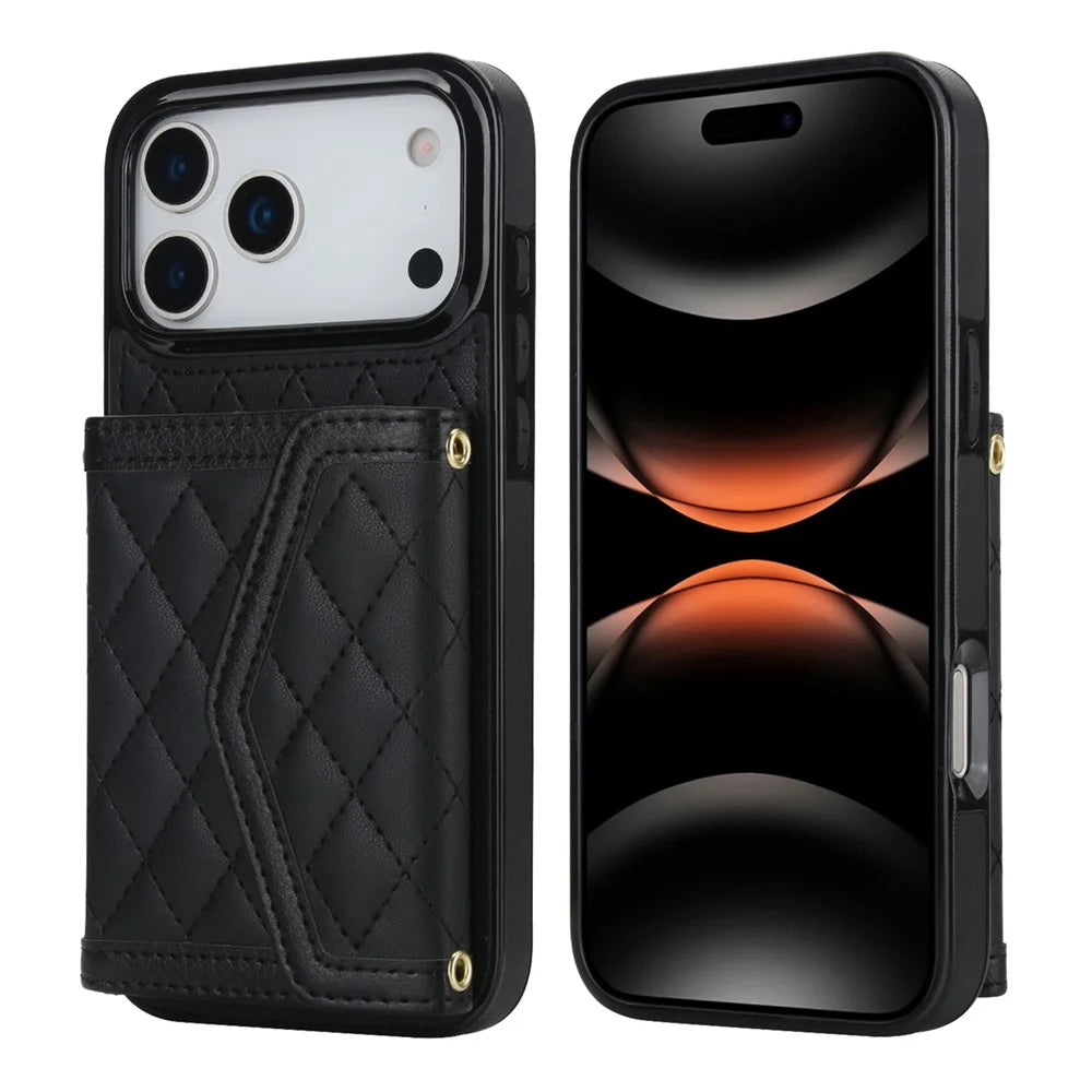 For iPhone 17 Pro Max Case Card Holders RFID Blocking PU Leather + TPU Phone Back Cover with Shoulder Strap - Black - 1