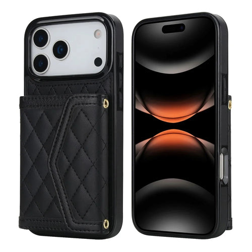 For iPhone 17 Pro Max Case Card Holders RFID Blocking PU Leather + TPU Phone Back Cover with Shoulder Strap - Black - 1