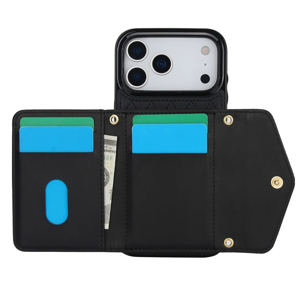 For iPhone 17 Pro Max Case Card Holders RFID Blocking PU Leather + TPU Phone Back Cover with Shoulder Strap - Black - 2
