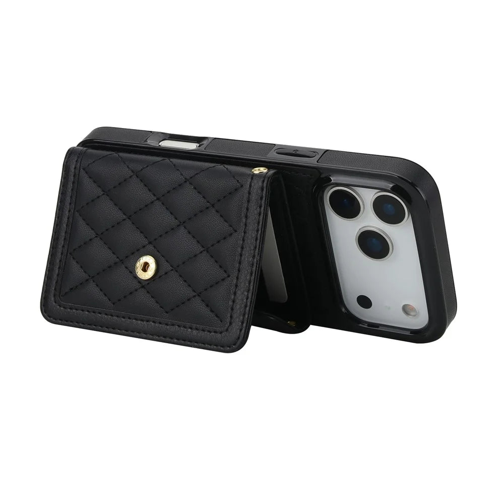 For iPhone 17 Pro Max Case Card Holders RFID Blocking PU Leather + TPU Phone Back Cover with Shoulder Strap - Black - 3