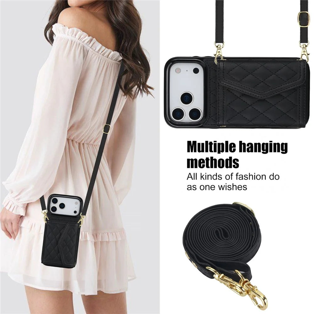 For iPhone 17 Pro Max Case Card Holders RFID Blocking PU Leather + TPU Phone Back Cover with Shoulder Strap - Black - 4