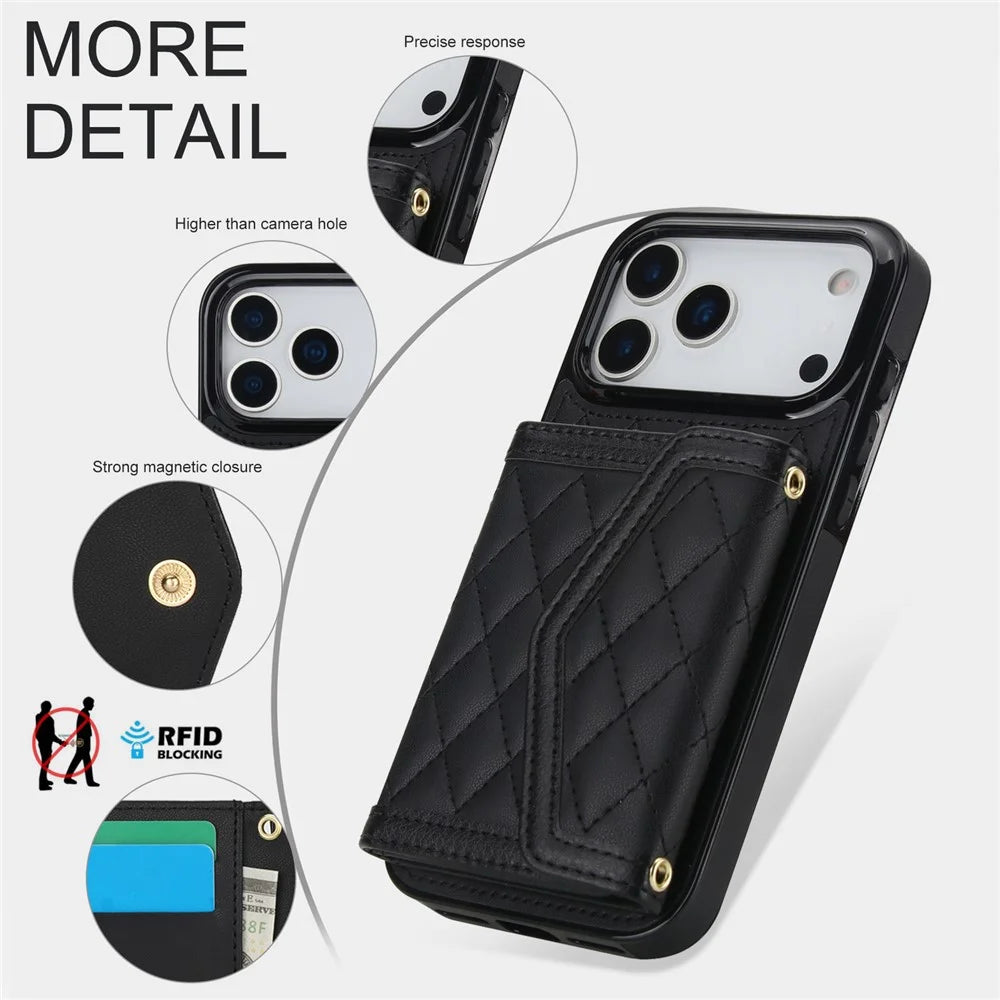 For iPhone 17 Pro Max Case Card Holders RFID Blocking PU Leather + TPU Phone Back Cover with Shoulder Strap - Black - 5