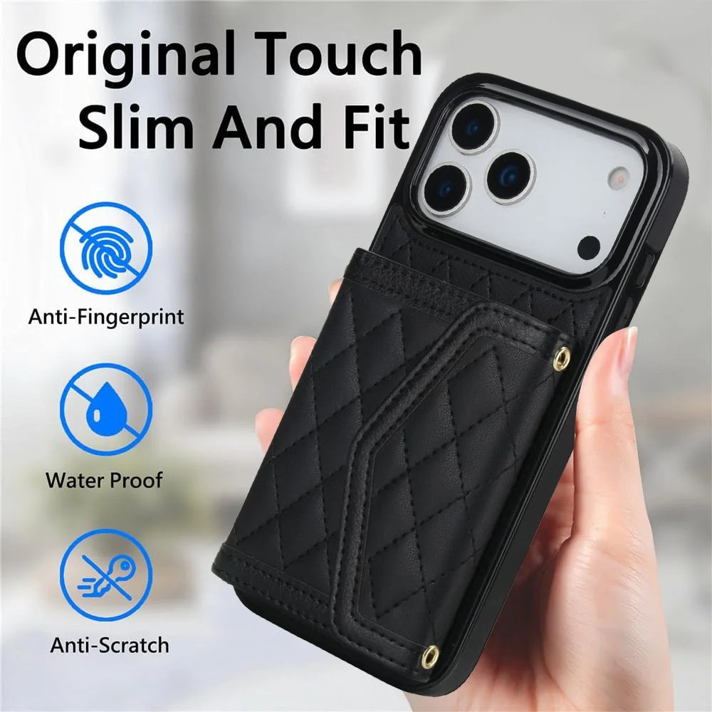 For iPhone 17 Pro Max Case Card Holders RFID Blocking PU Leather + TPU Phone Back Cover with Shoulder Strap - Black - 6
