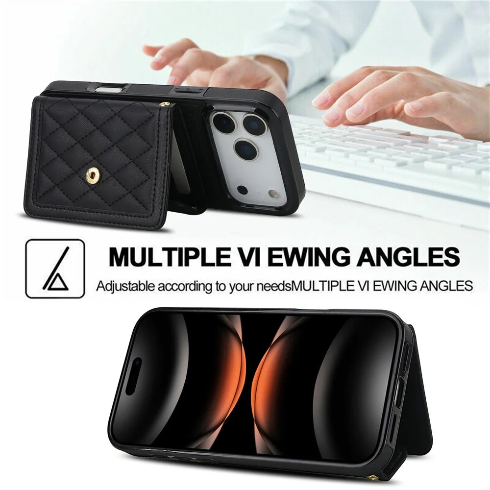 For iPhone 17 Pro Max Case Card Holders RFID Blocking PU Leather + TPU Phone Back Cover with Shoulder Strap - Black - 7