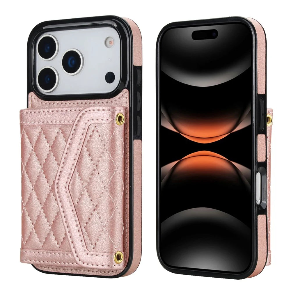 For iPhone 17 Pro Case Card Holders RFID Blocking PU Leather + TPU Phone Back Cover with Shoulder Strap - Rose Gold - 1