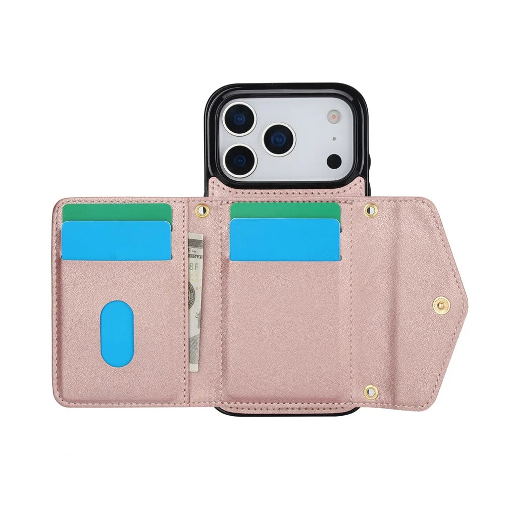For iPhone 17 Pro Case Card Holders RFID Blocking PU Leather + TPU Phone Back Cover with Shoulder Strap - Rose Gold - 2