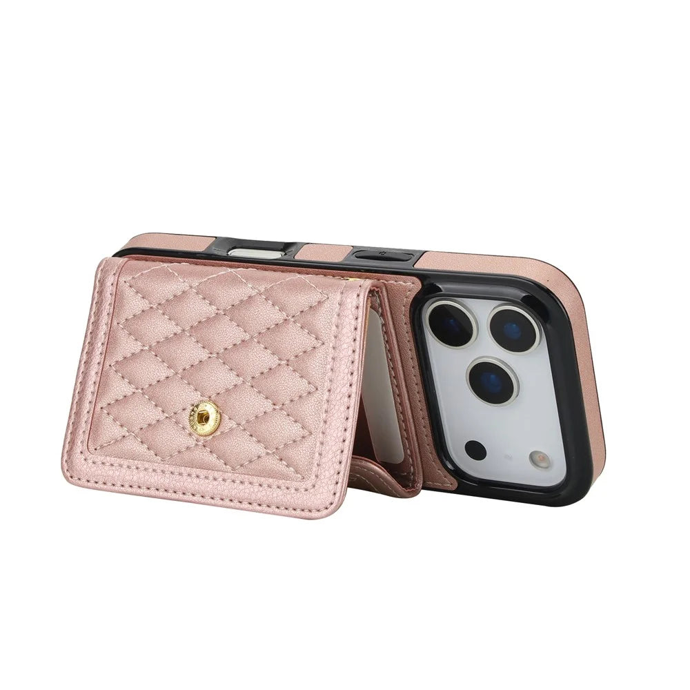 For iPhone 17 Pro Case Card Holders RFID Blocking PU Leather + TPU Phone Back Cover with Shoulder Strap - Rose Gold - 3