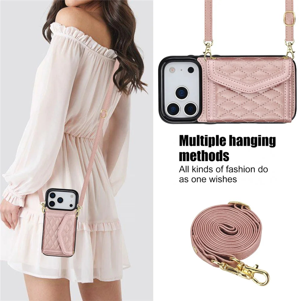 For iPhone 17 Pro Case Card Holders RFID Blocking PU Leather + TPU Phone Back Cover with Shoulder Strap - Rose Gold - 4