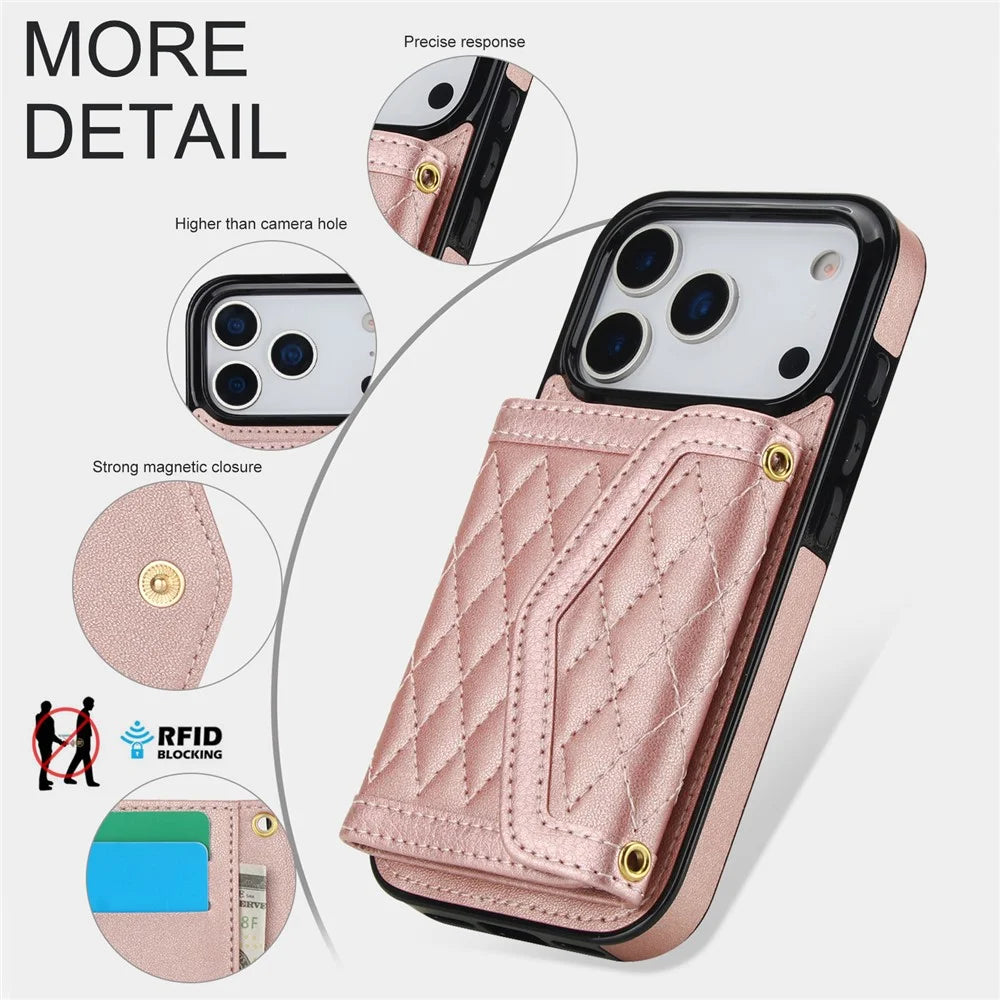 For iPhone 17 Pro Case Card Holders RFID Blocking PU Leather + TPU Phone Back Cover with Shoulder Strap - Rose Gold - 5