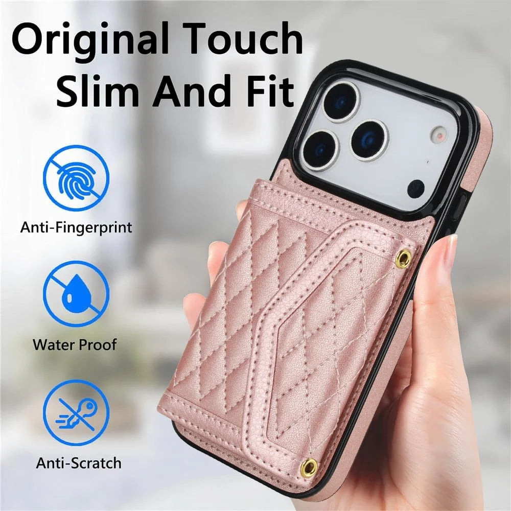 For iPhone 17 Pro Case Card Holders RFID Blocking PU Leather + TPU Phone Back Cover with Shoulder Strap - Rose Gold - 6