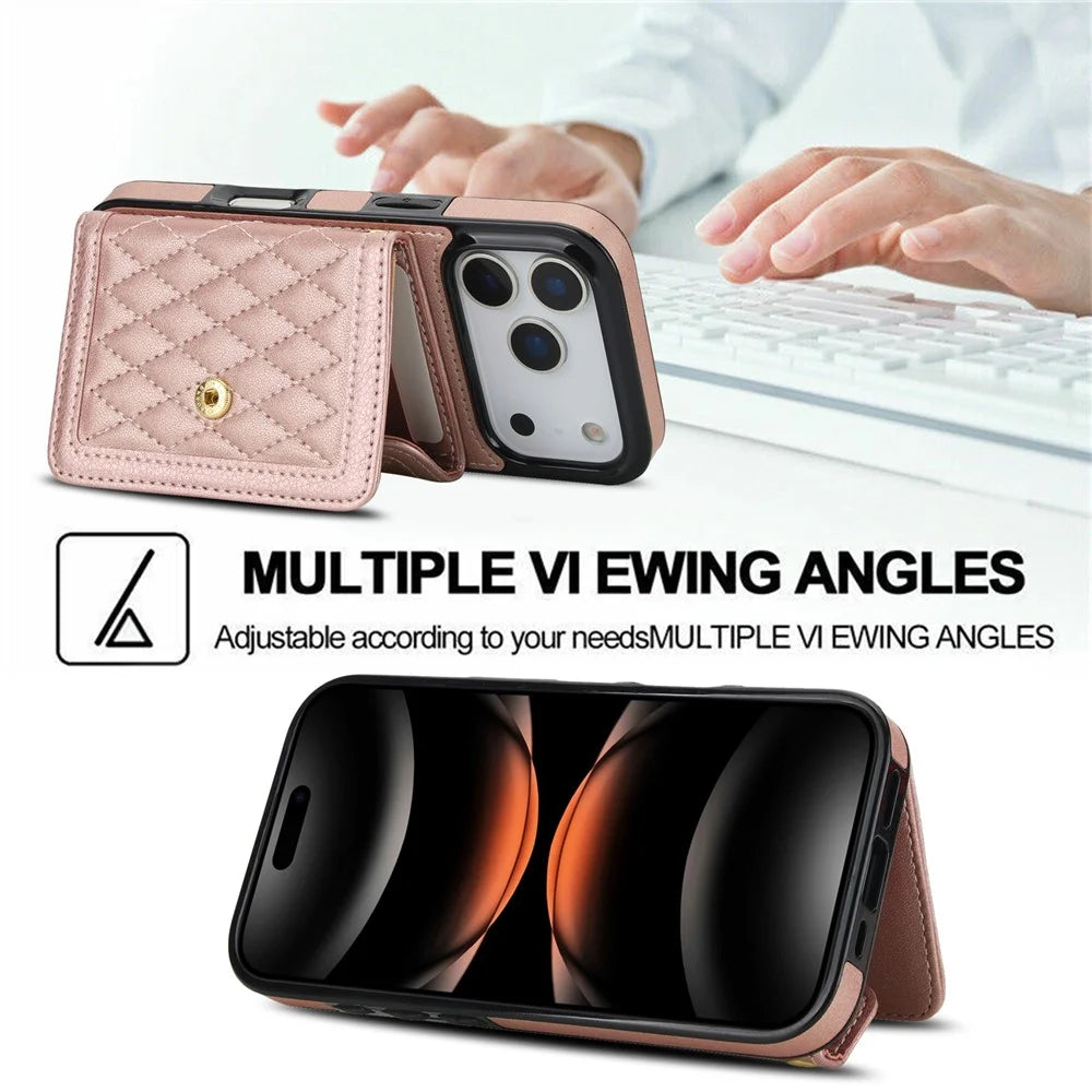 For iPhone 17 Pro Case Card Holders RFID Blocking PU Leather + TPU Phone Back Cover with Shoulder Strap - Rose Gold - 7