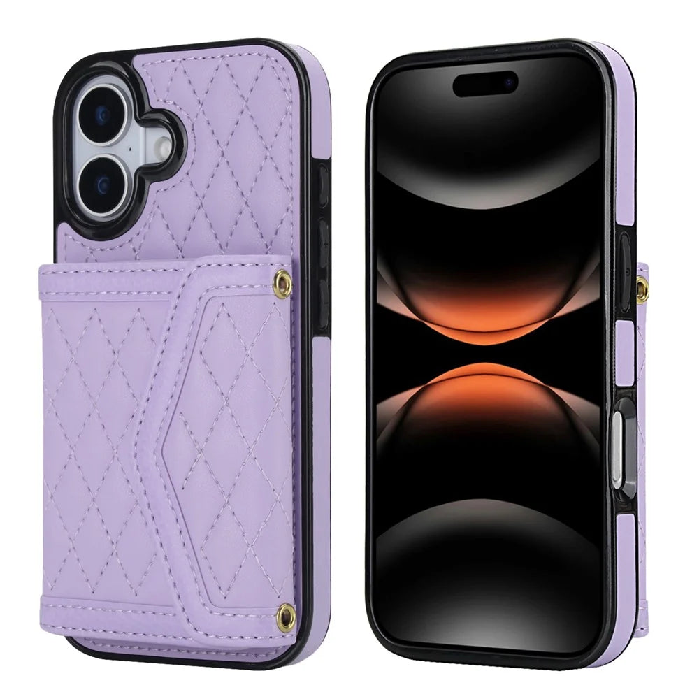 For iPhone 17 Case Card Holders RFID Blocking PU Leather + TPU Phone Back Cover with Shoulder Strap - Purple - 1
