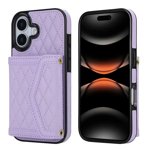 For iPhone 17 Case Card Holders RFID Blocking PU Leather + TPU Phone Back Cover with Shoulder Strap - Purple - 1