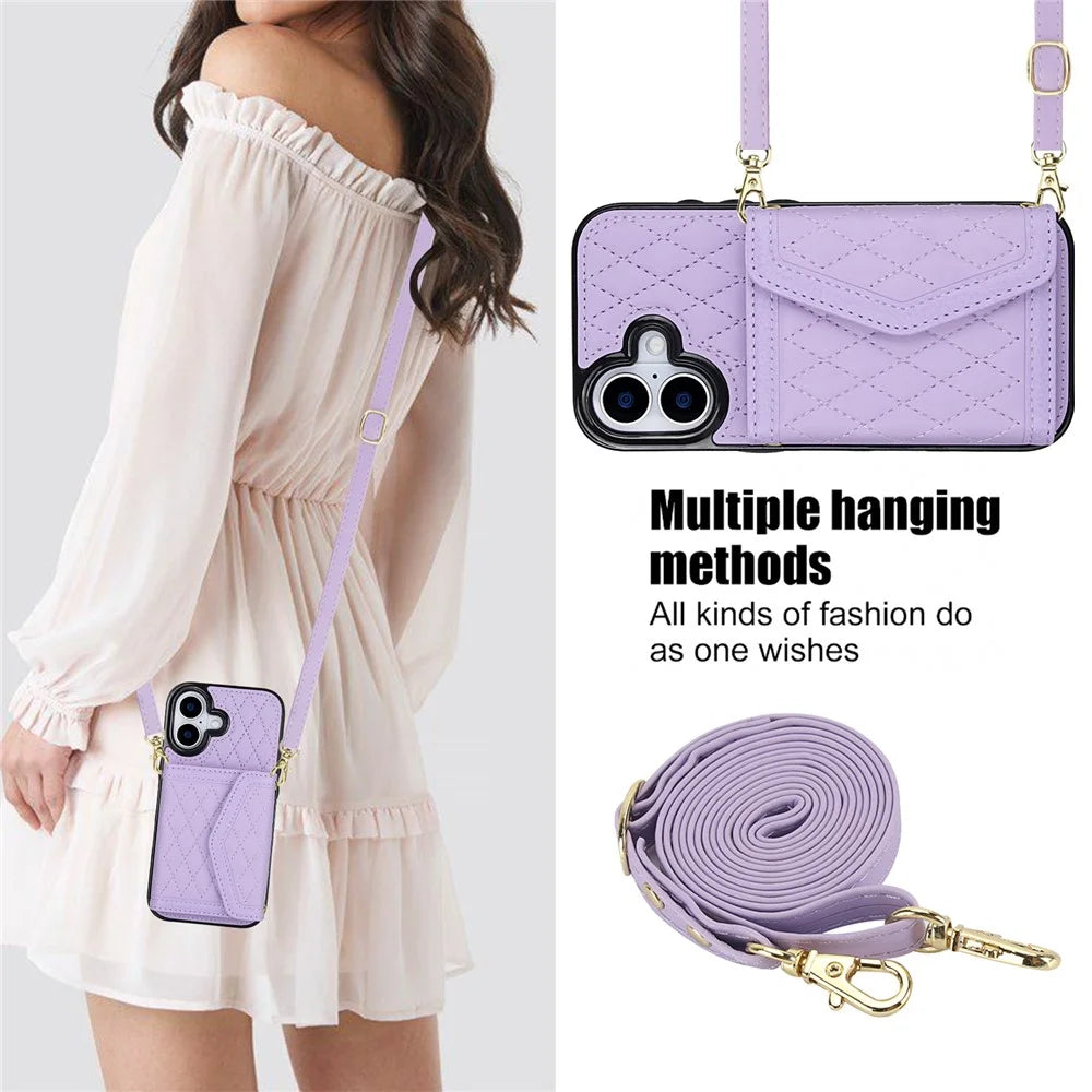 For iPhone 17 Case Card Holders RFID Blocking PU Leather + TPU Phone Back Cover with Shoulder Strap - Purple - 4