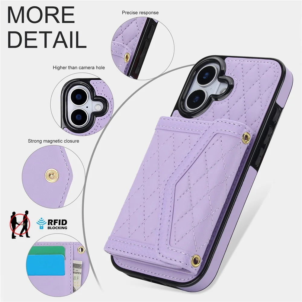 For iPhone 17 Case Card Holders RFID Blocking PU Leather + TPU Phone Back Cover with Shoulder Strap - Purple - 5