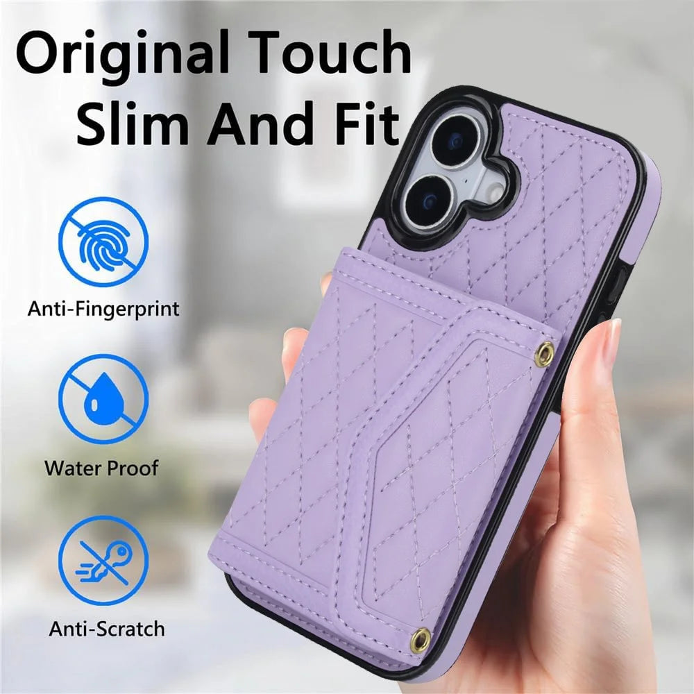 For iPhone 17 Case Card Holders RFID Blocking PU Leather + TPU Phone Back Cover with Shoulder Strap - Purple - 6