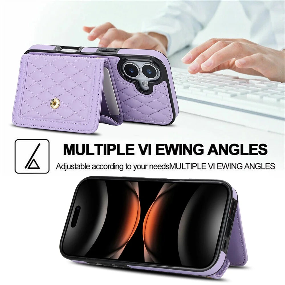 For iPhone 17 Case Card Holders RFID Blocking PU Leather + TPU Phone Back Cover with Shoulder Strap - Purple - 7