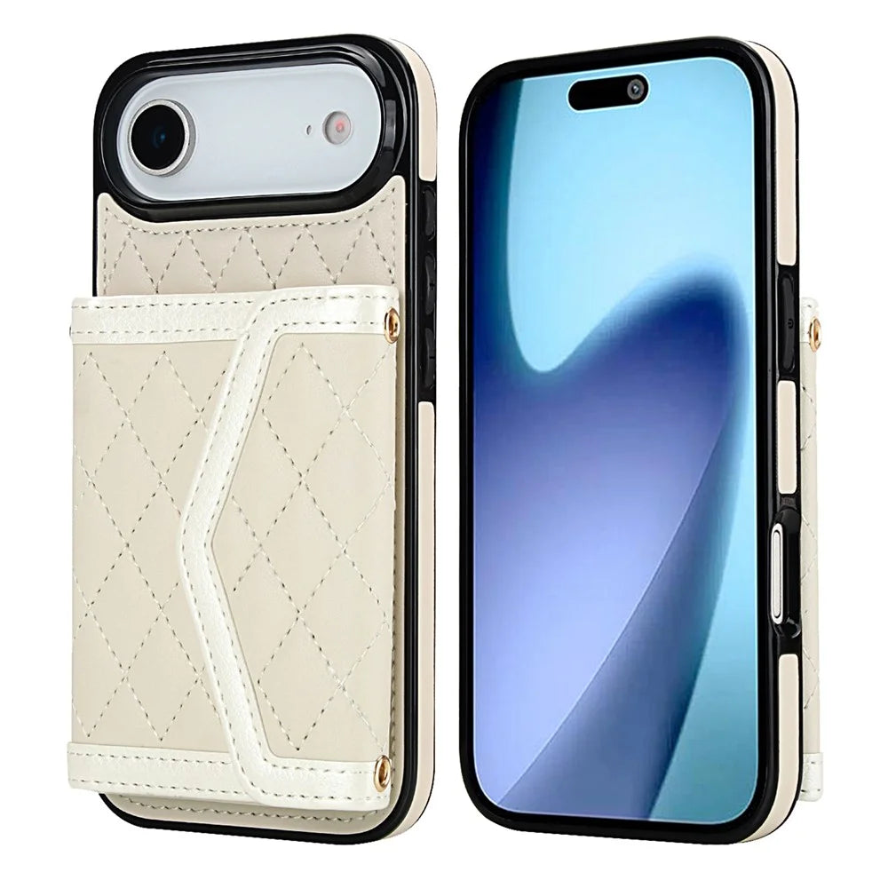 For iPhone Air Case Card Holders RFID Blocking PU Leather + TPU Phone Back Cover with Shoulder Strap - White - 1