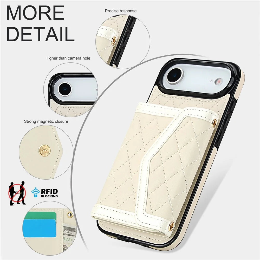 For iPhone Air Case Card Holders RFID Blocking PU Leather + TPU Phone Back Cover with Shoulder Strap - White - 5