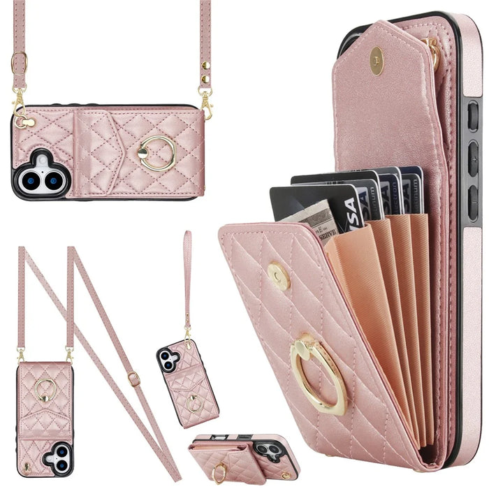 For iPhone 17 Case RFID Blocking Card Bag Leather + TPU Crossbody Phone Cover with Ring Kickstand - Rose Gold - 1